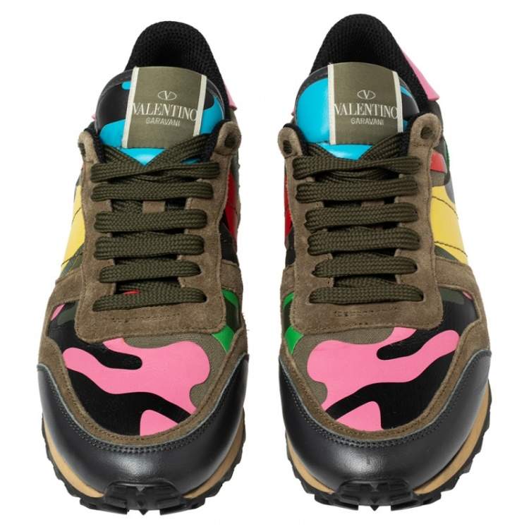 Pre Owned Valentino Multicolor Suede, Camo Print Leather and Canvas Rockrunner Sneakers Size 38