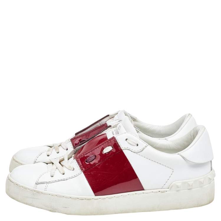 Pre Owned Valentino White/Red Leather and Patent Leather Rockstud Low Top Sneakers Size 38