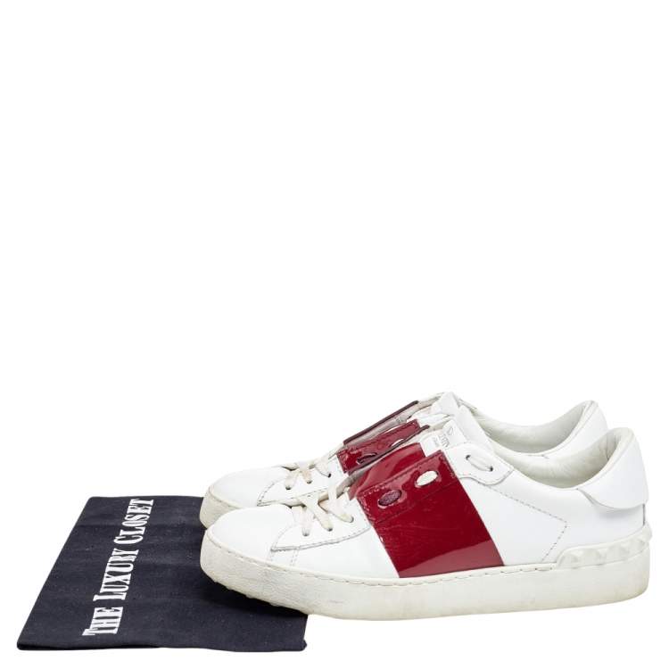 Pre Owned Valentino White/Red Leather and Patent Leather Rockstud Low Top Sneakers Size 38