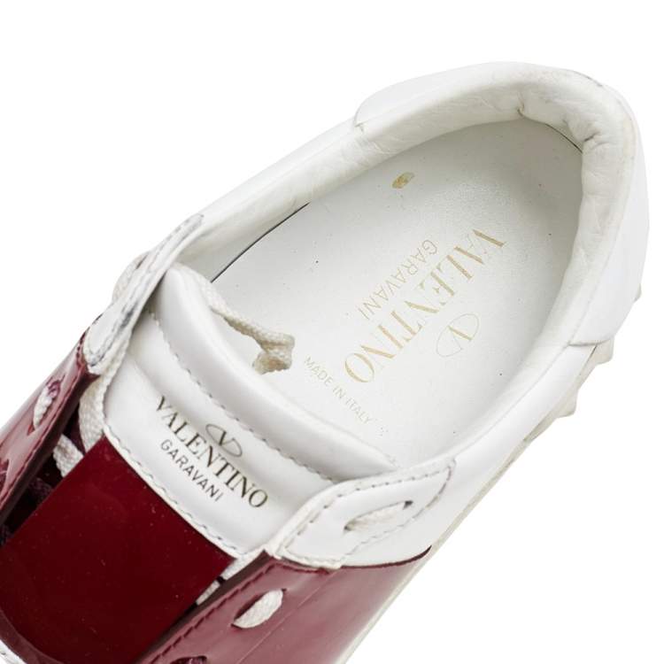 Pre Owned Valentino White/Red Leather and Patent Leather Rockstud Low Top Sneakers Size 38