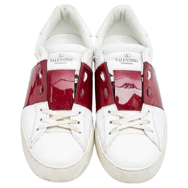 Pre Owned Valentino White/Red Leather and Patent Leather Rockstud Low Top Sneakers Size 38