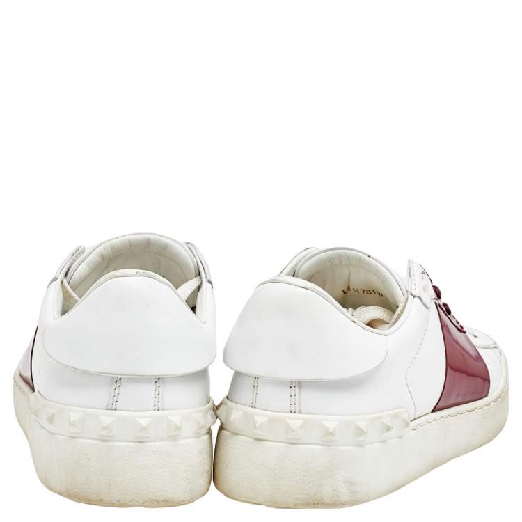 Pre Owned Valentino White/Red Leather and Patent Leather Rockstud Low Top Sneakers Size 38