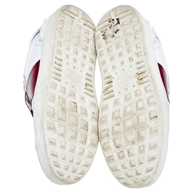 Pre Owned Valentino White/Red Leather and Patent Leather Rockstud Low Top Sneakers Size 38