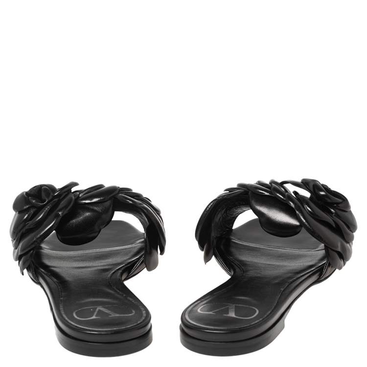 Pre Owned Valentino Garavani Black Leather Atelier 03 Rose Edition Slides Sandals Size 35.5