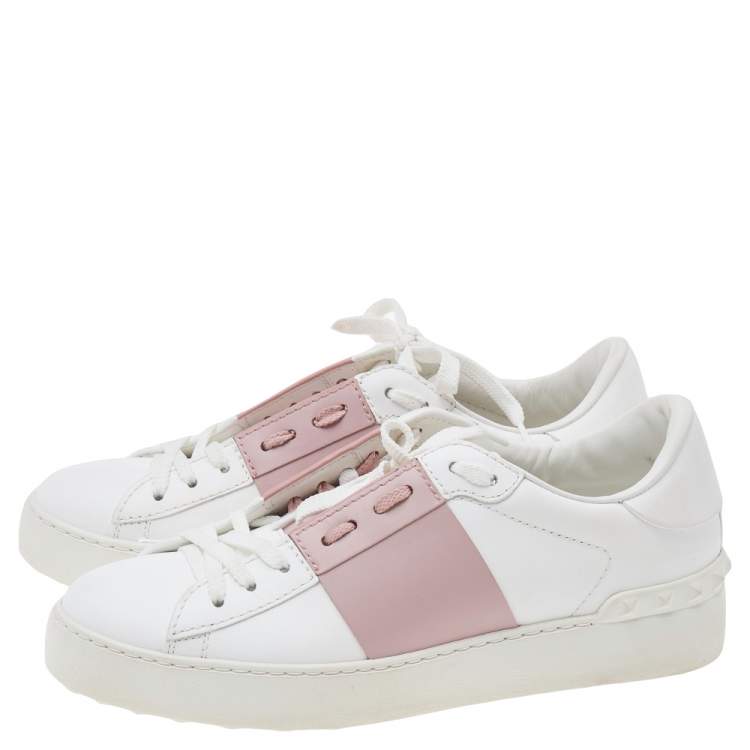 Pre Owned Valentino White/Blush Pink Leather Open Low Top Sneakers Size 37.5