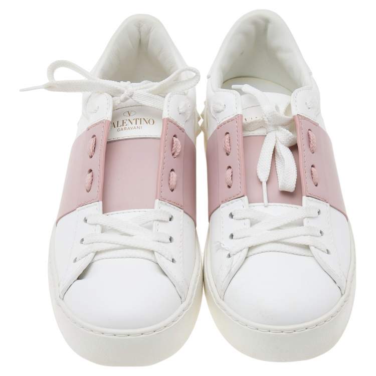 Pre Owned Valentino White/Blush Pink Leather Open Low Top Sneakers Size 37.5
