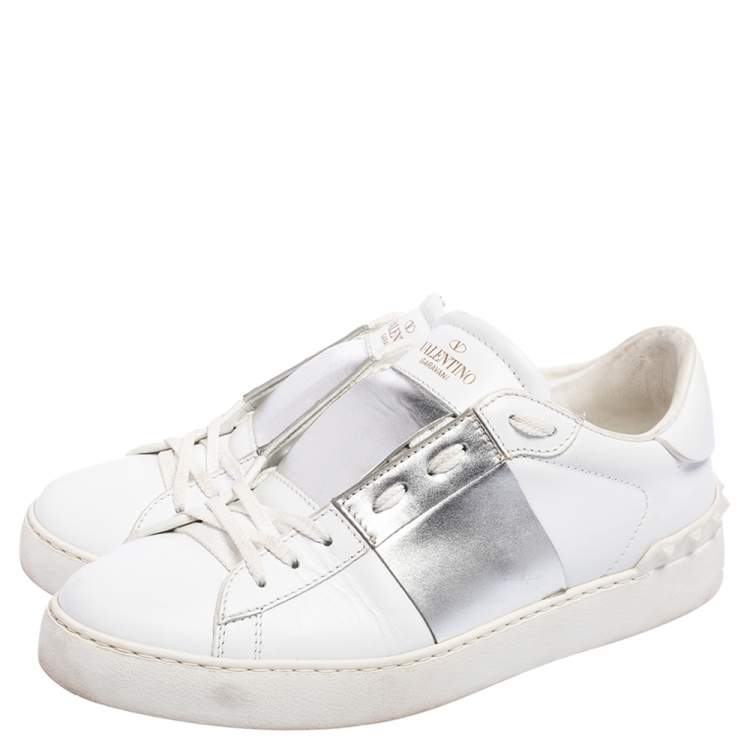 Pre Owned Valentino White/Silver Leather Open Low Top Sneakers Size 39.5