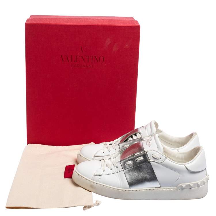 Pre Owned Valentino White/Silver Leather Open Low Top Sneakers Size 39.5