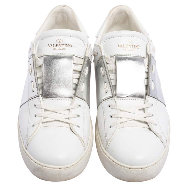 Pre Owned Valentino White/Silver Leather Open Low Top Sneakers Size 39.5