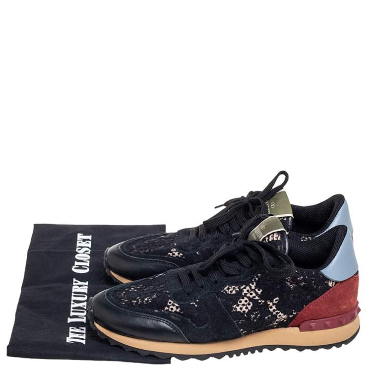 Pre Owned Valentino Multicolor Leather, Macrame Lace and Suede Rockrunner Sneakers Size 39.5