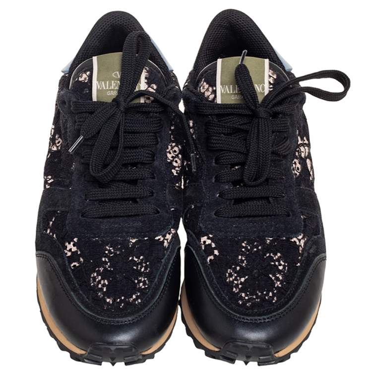 Pre Owned Valentino Multicolor Leather, Macrame Lace and Suede Rockrunner Sneakers Size 39.5
