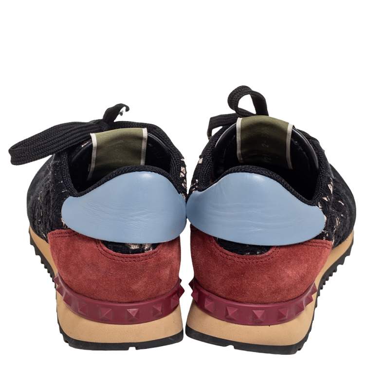 Pre Owned Valentino Multicolor Leather, Macrame Lace and Suede Rockrunner Sneakers Size 39.5