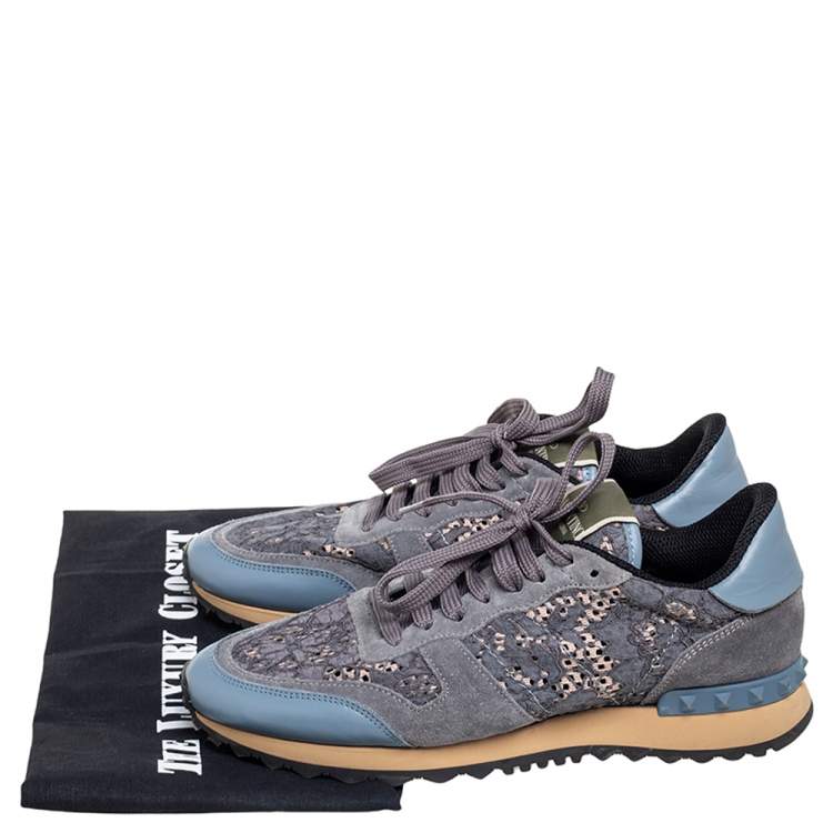 Pre Owned Valentino Slate Blue/Grey Lace and Suede Rockrunner Sneakers Size 39