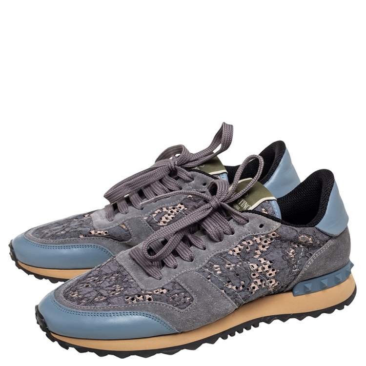 Pre Owned Valentino Slate Blue/Grey Lace and Suede Rockrunner Sneakers Size 39