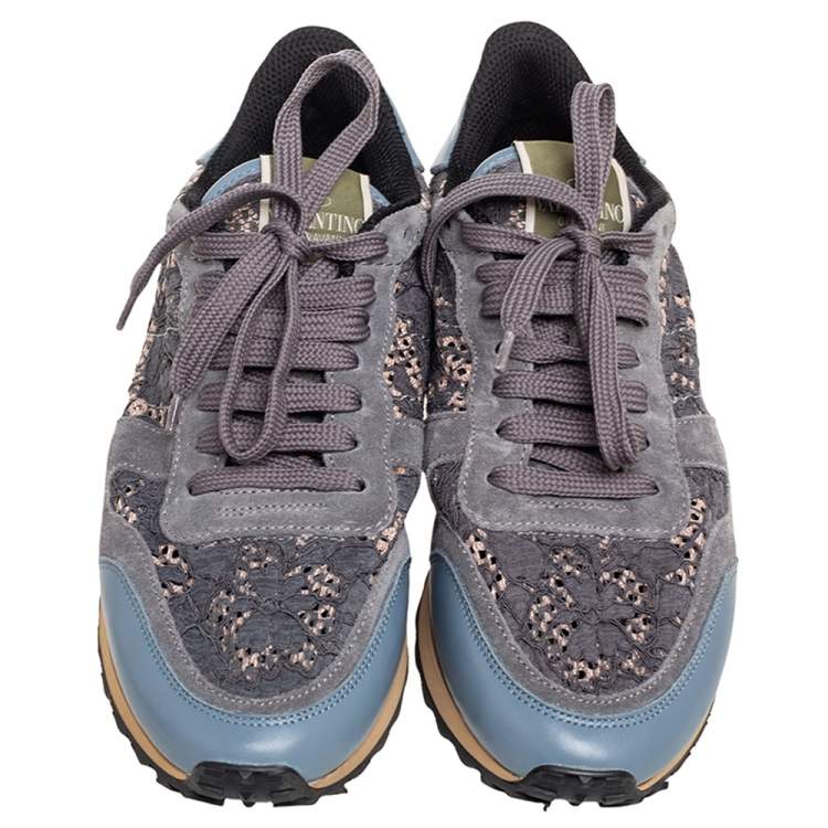 Pre Owned Valentino Slate Blue/Grey Lace and Suede Rockrunner Sneakers Size 39