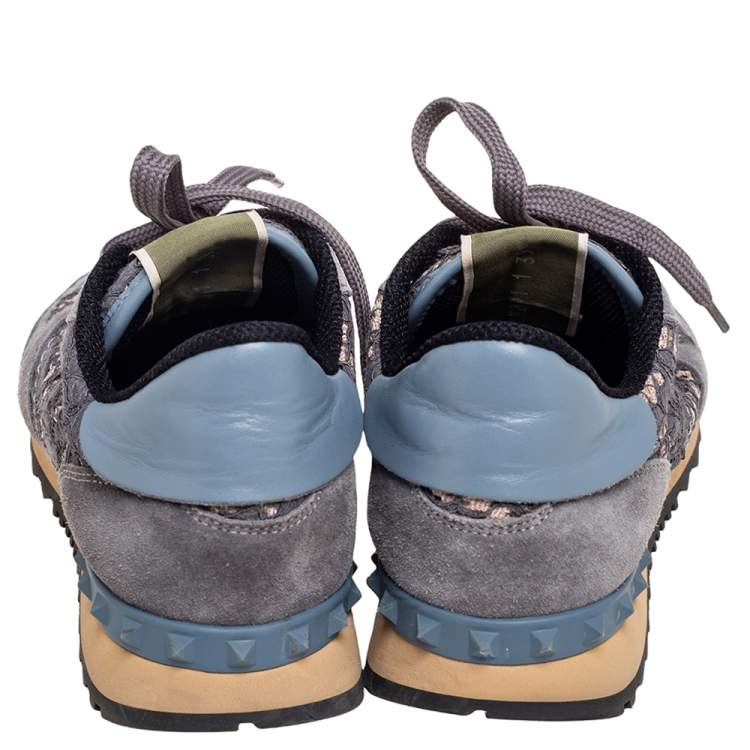 Pre Owned Valentino Slate Blue/Grey Lace and Suede Rockrunner Sneakers Size 39