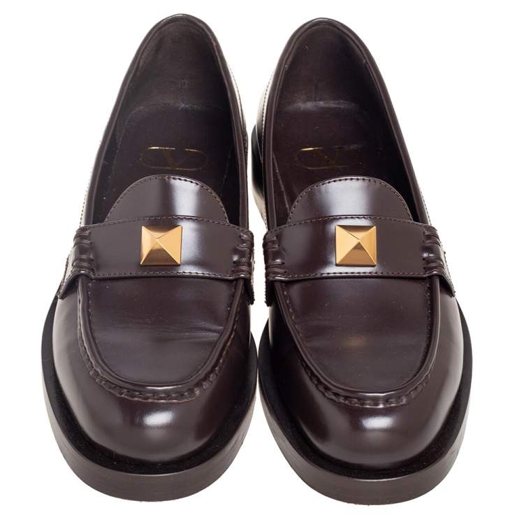 Pre Owned Valentino Dark Brown Leather Roman Stud Loafers Size 39.5