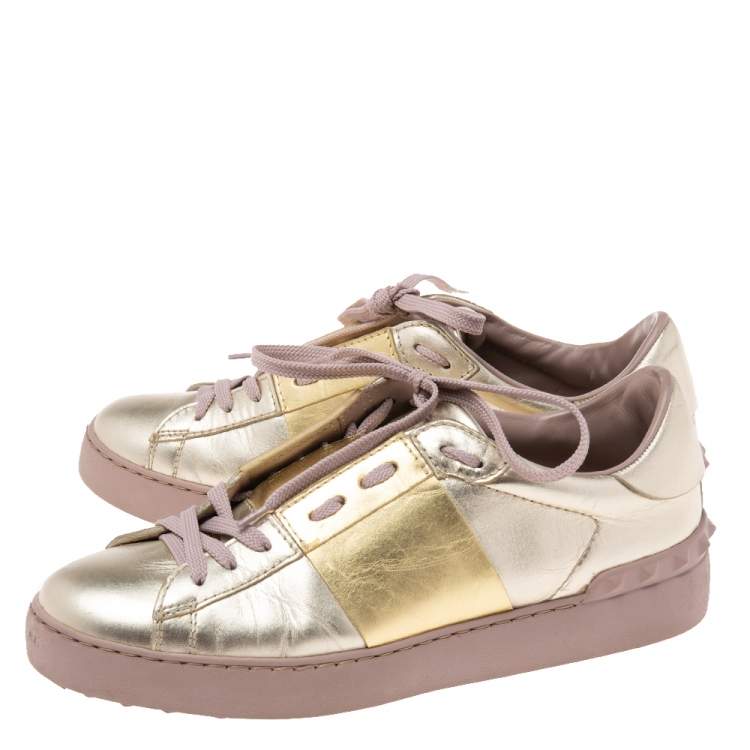Pre Owned Valentino Metallic Bronze Leather Rockstud Lace Up Sneakers Size 39
