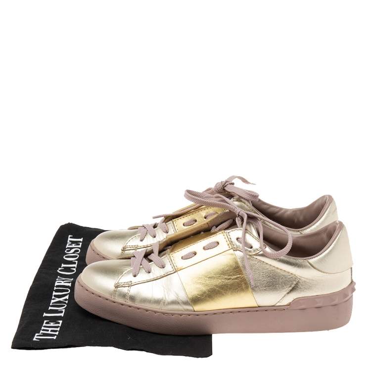 Pre Owned Valentino Metallic Bronze Leather Rockstud Lace Up Sneakers Size 39