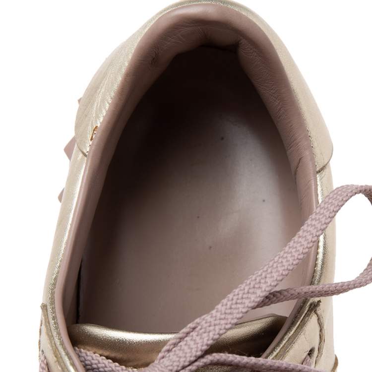 Pre Owned Valentino Metallic Bronze Leather Rockstud Lace Up Sneakers Size 39