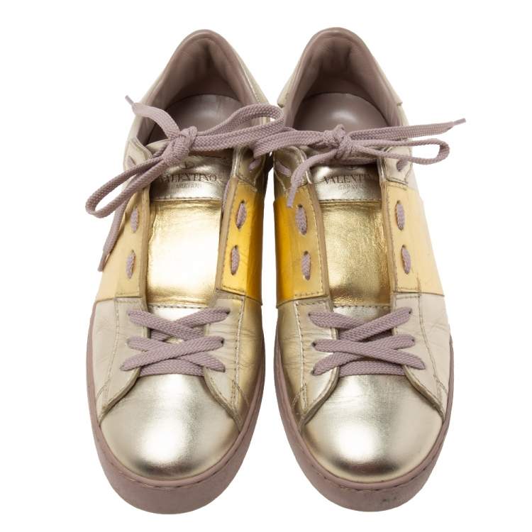 Pre Owned Valentino Metallic Bronze Leather Rockstud Lace Up Sneakers Size 39