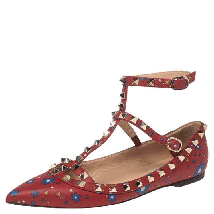 valentino leather printed ankle tie ballerina flat