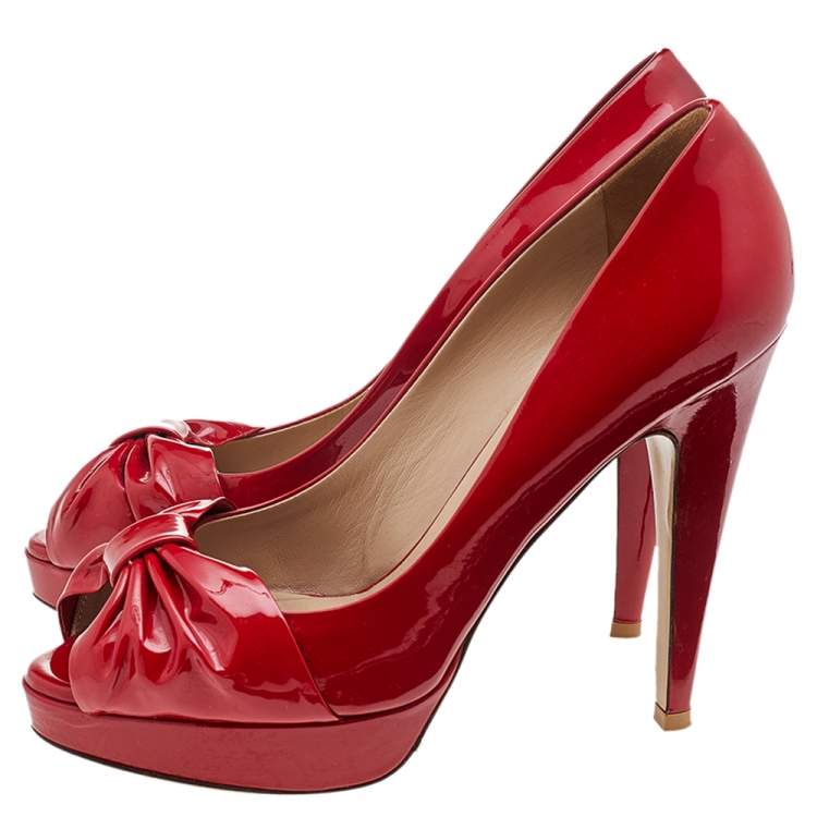 Pre Owned Valentino Red Patent Leather Bow Peep Toe Pumps Size 36