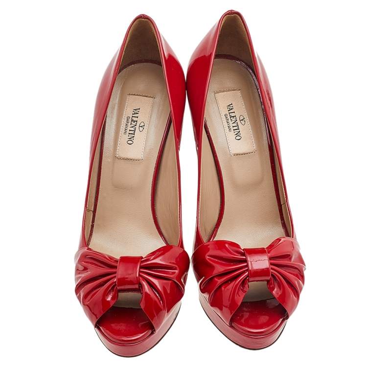 Pre Owned Valentino Red Patent Leather Bow Peep Toe Pumps Size 36