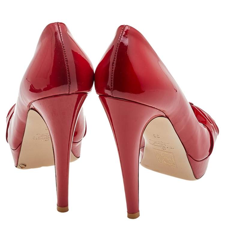 Pre Owned Valentino Red Patent Leather Bow Peep Toe Pumps Size 36