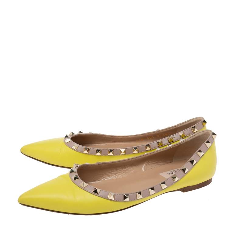 Pre Owned Valentino Lime Yellow Leather Rockstud Ballet Flats Size 38.5