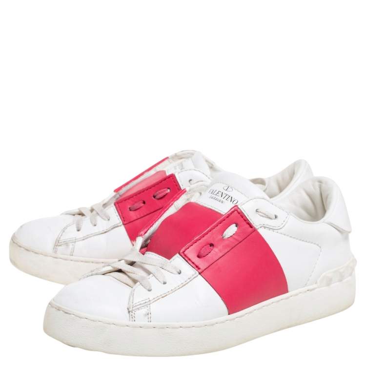 Pre Owned Valentino White Leather  Rockstud Lace Up  Sneakers Size 37.5