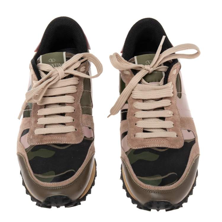 Pre Owned Valentino Multicolor Camouflage Leather And Suede Leather Rockrunner Low Top Sneakers Size 38