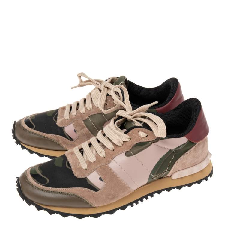 Pre Owned Valentino Multicolor Camouflage Leather And Suede Leather Rockrunner Low Top Sneakers Size 38