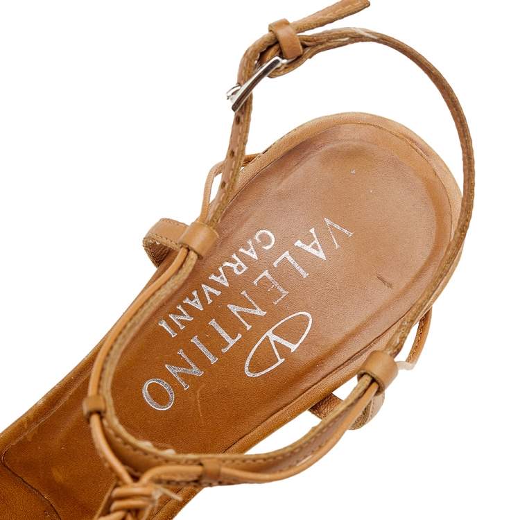 Pre Owned Valentino Vintage Tan Leather Embellished Ankle Strap Sandals Size 37