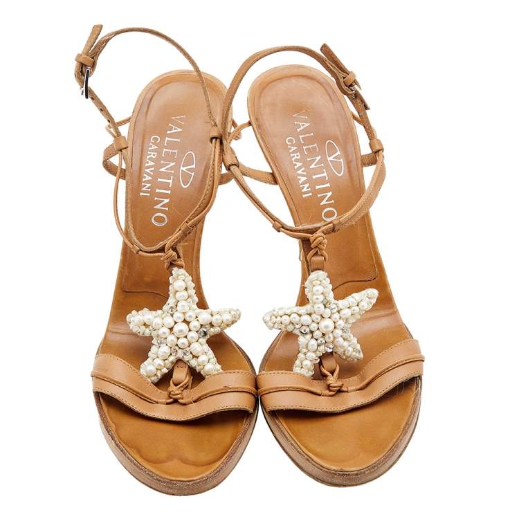 Pre Owned Valentino Vintage Tan Leather Embellished Ankle Strap Sandals Size 37