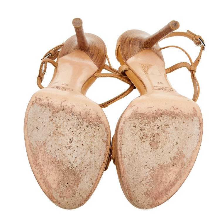 Pre Owned Valentino Vintage Tan Leather Embellished Ankle Strap Sandals Size 37