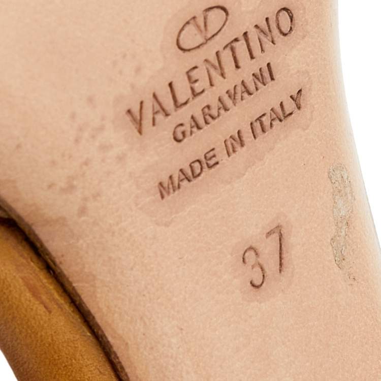 Pre Owned Valentino Vintage Tan Leather Embellished Ankle Strap Sandals Size 37