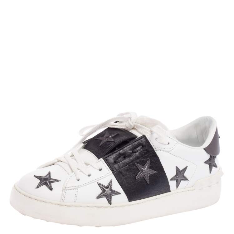 Pre Owned Valentino White/Black Leather Rockstud Low Top Sneakers Size 37.5