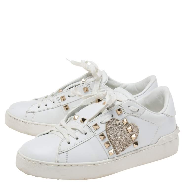 Pre Owned Valentino White Leather Rockstud Sneakers Size 38.5