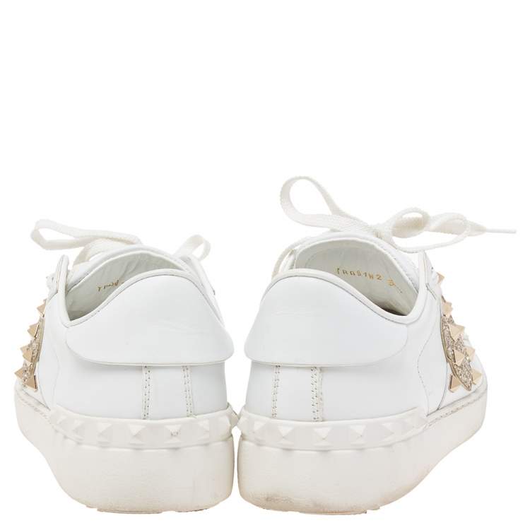 Pre Owned Valentino White Leather Rockstud Sneakers Size 38.5