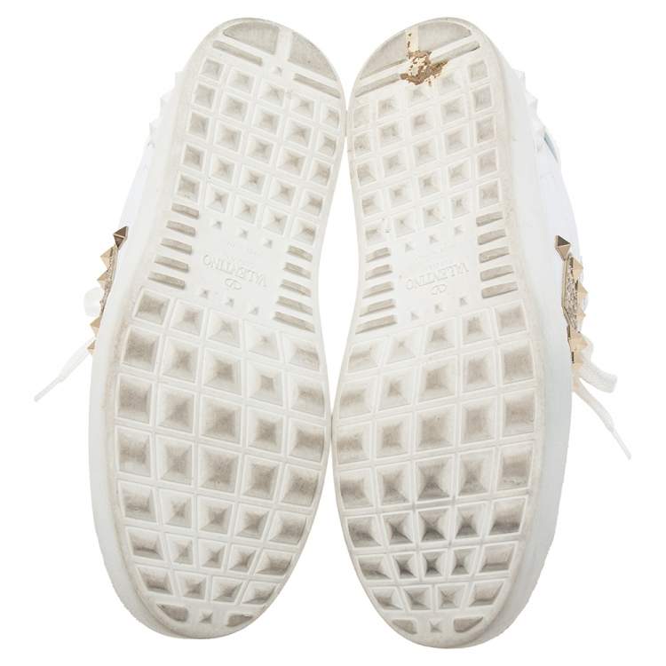 Pre Owned Valentino White Leather Rockstud Sneakers Size 38.5