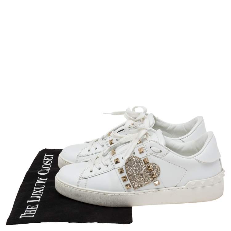 Pre Owned Valentino White Leather Rockstud Sneakers Size 38.5