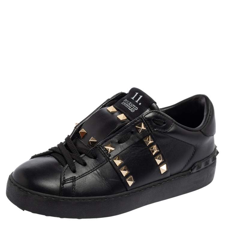 Pre Owned Valentino Black Leather Rockstud Low Top Sneakers Size 35.5
