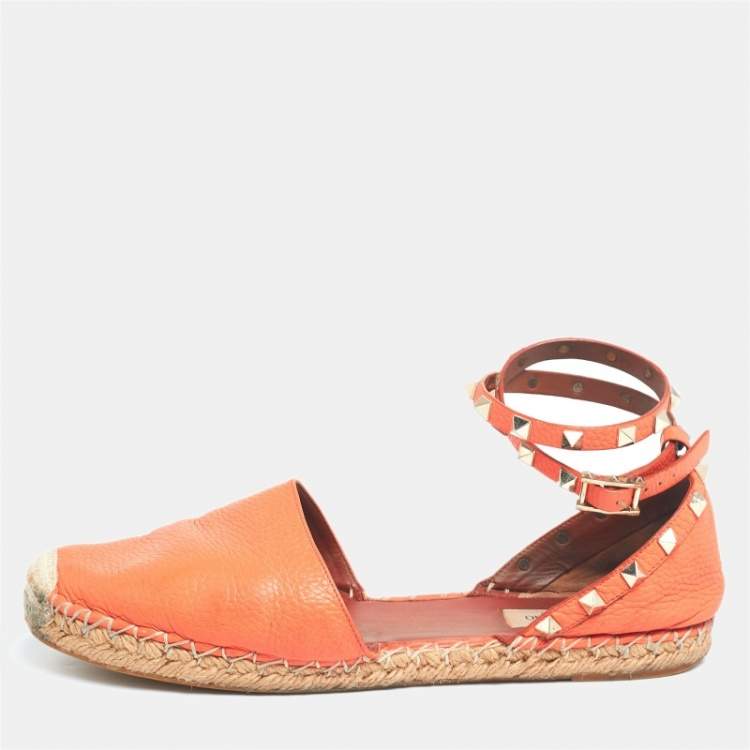 Valentino Orange Leather Rockstud Ankle Strap Espadrille Flats Size 40 Valentino The Luxury Closet