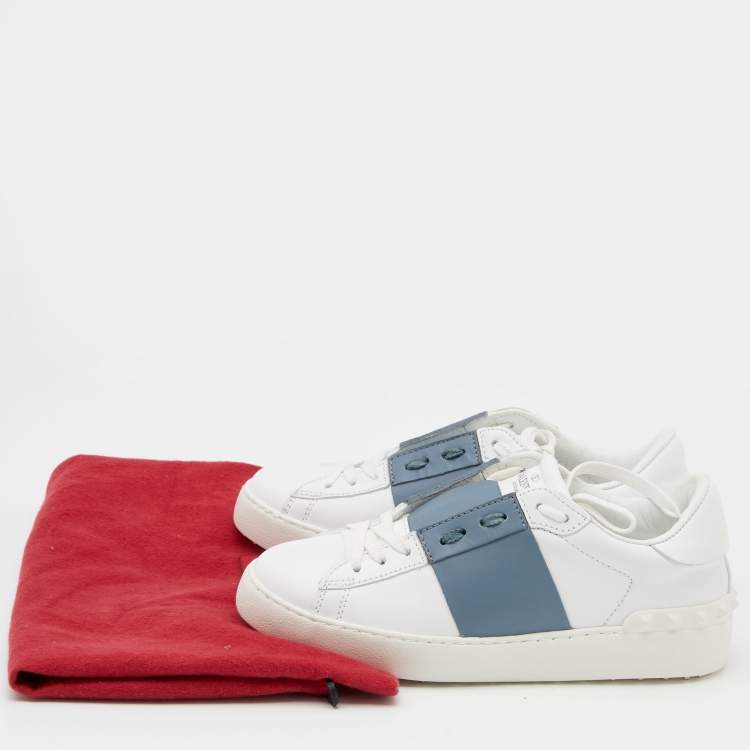 Pre Owned Valentino White/Grey Leather Rockstud Low-Top Sneakers Size 36.5