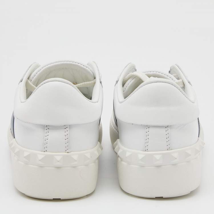 Pre Owned Valentino White/Grey Leather Rockstud Low-Top Sneakers Size 36.5