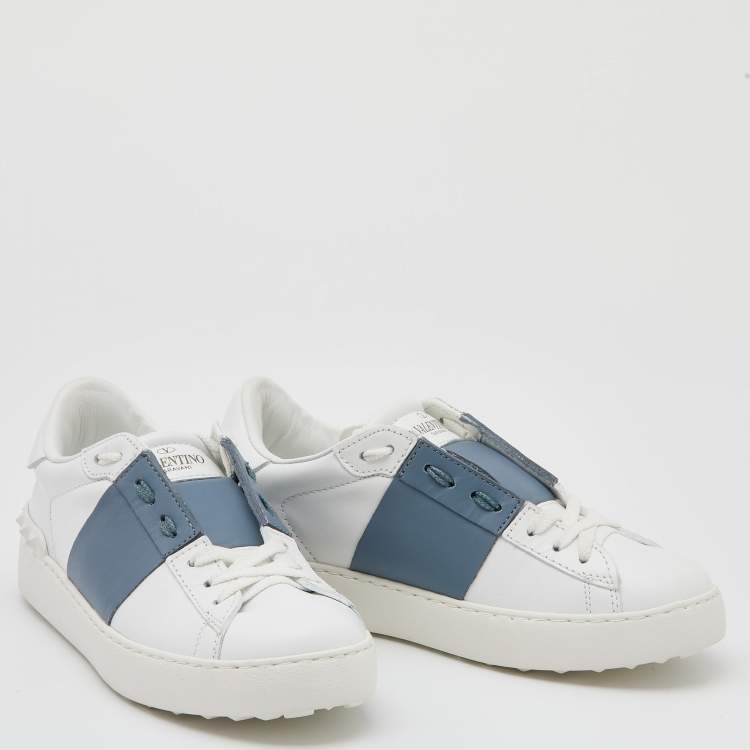 Pre Owned Valentino White/Grey Leather Rockstud Low-Top Sneakers Size 36.5
