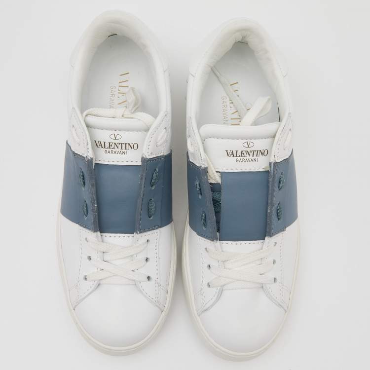 Pre Owned Valentino White/Grey Leather Rockstud Low-Top Sneakers Size 36.5