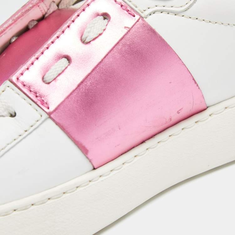 Pre Owned Valentino White/Pink Leather Rockstud Lace Up  Sneakers Size 37.5