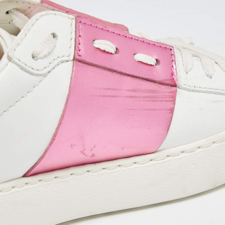 Pre Owned Valentino White/Pink Leather Rockstud Lace Up  Sneakers Size 37.5